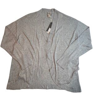 Worthington Cardigan Womens Large Gray Long Rib Open Front Pockets Soft Sweater